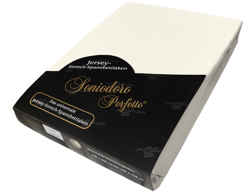 EGINO cream jersey knit stretch sheet (22-Cream) in retail packaging, on white background