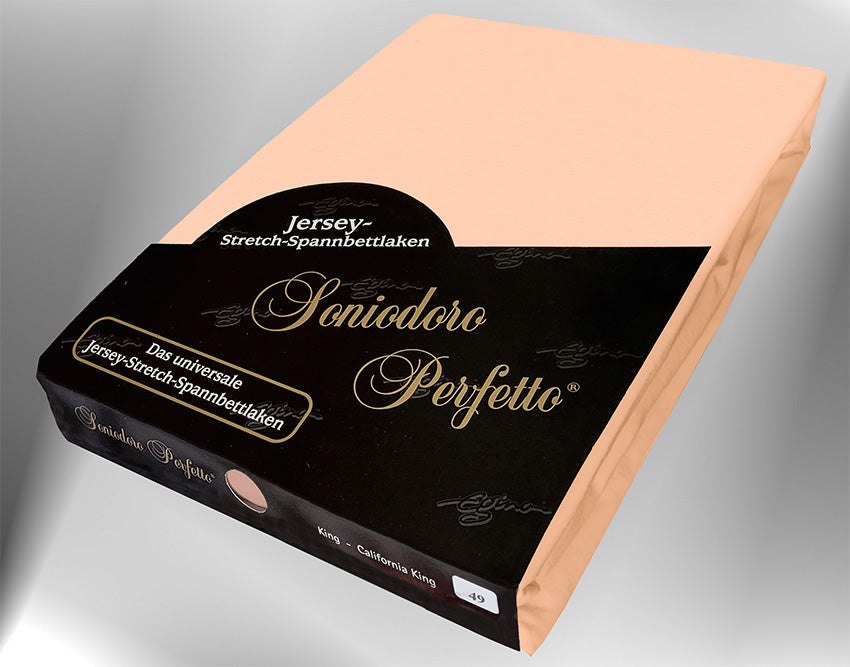 EGINO apricot jersey knit stretch sheet (49-Apricot) in retail packaging, under dim light.