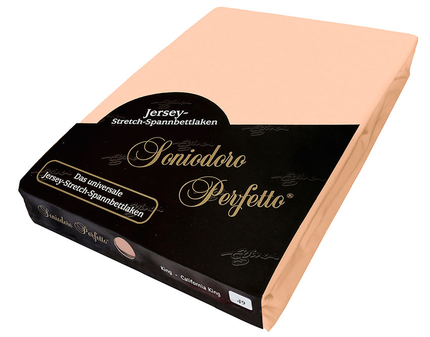 EGINO apricot jersey knit stretch sheet (49-Apricot) in retail packaging, on white background.