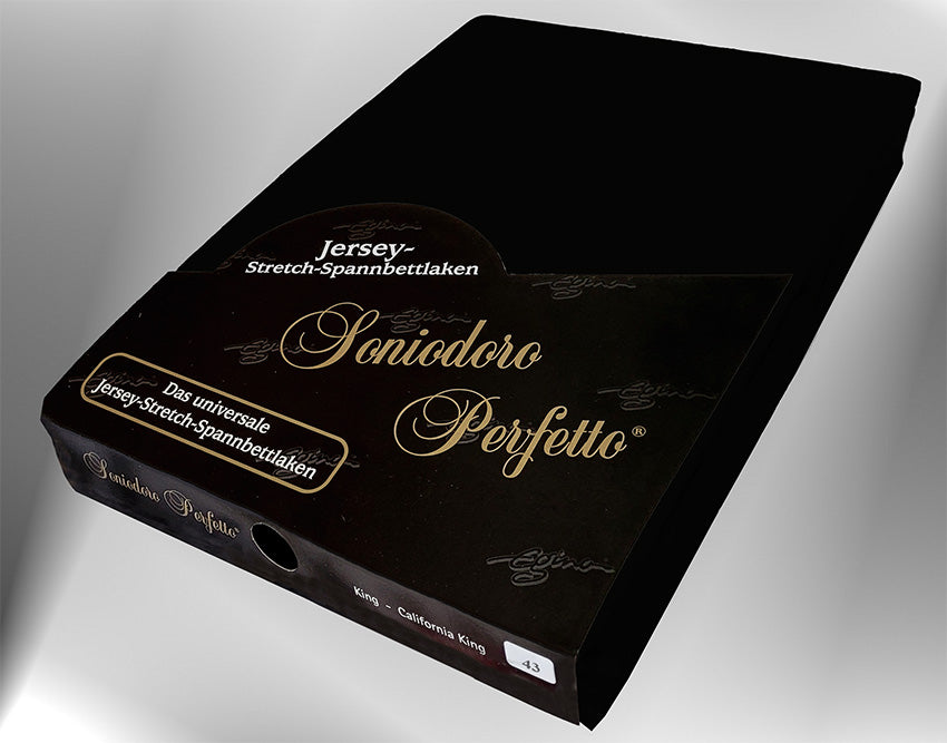 EGINO black jersey knit stretch sheet (43-Black) in retail packaging, under dim light