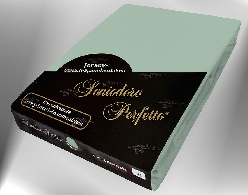 EGINO blue-grass jersey knit stretch sheet (42-Blue-Grass) in retail packaging, under dim light