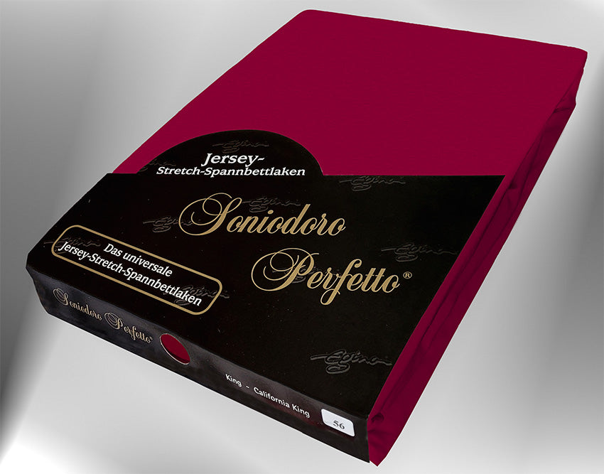 EGINO bordeaux jersey knit stretch sheet (37-Red) in retail packaging, under dim light.