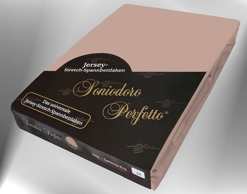 Jersey knit stretch sheet in color chocolate-milk (EGINO, 25-Chocolate-milk ), retail packaging under dim light.