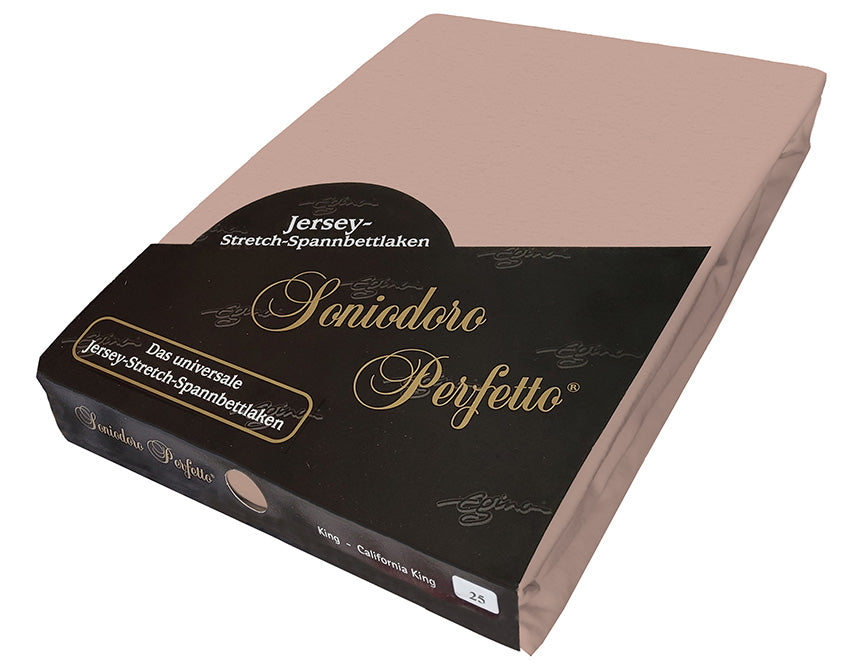 Jersey knit stretch sheet in color chocolate-milk (EGINO, 25-Chocolate-milk ), retail packaging on white background.