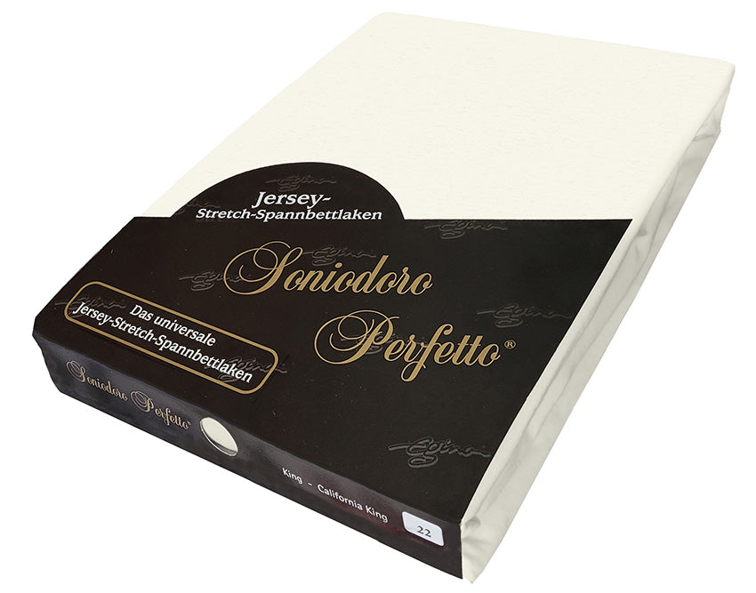 Jersey knit stretch sheet in cream color (EGINO, 22-cream), retail packaging on white background.