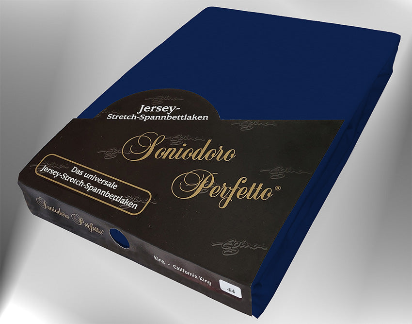 EGINO dark-navy jersey knit stretch sheet (44-Dark-Navy) in retail packaging, under dim light.