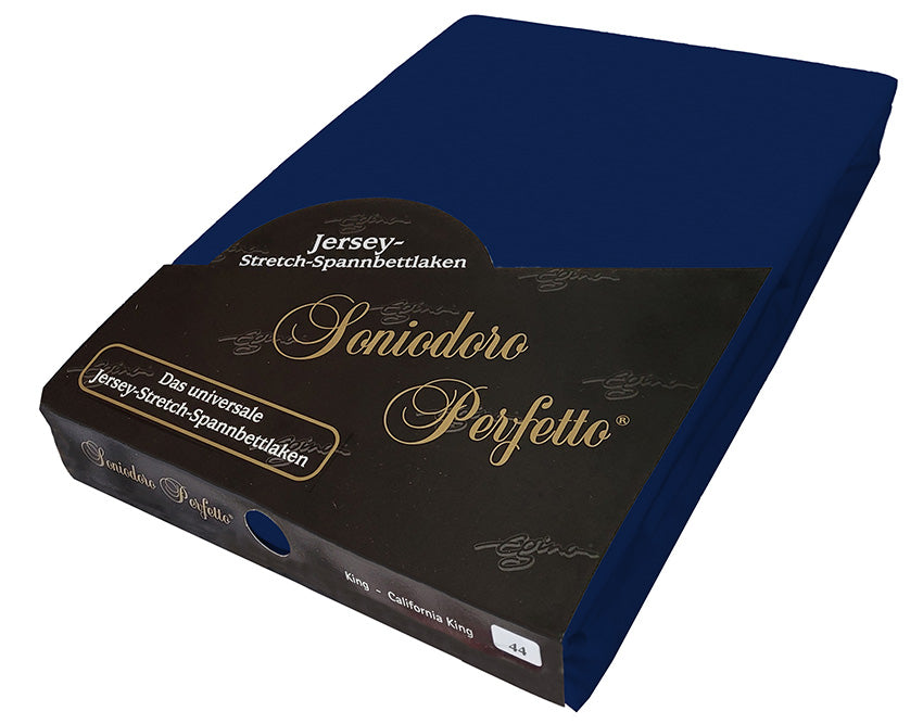 EGINO dark-navy jersey knit stretch sheet (44-Dark-Navy) in retail packaging, on white background.