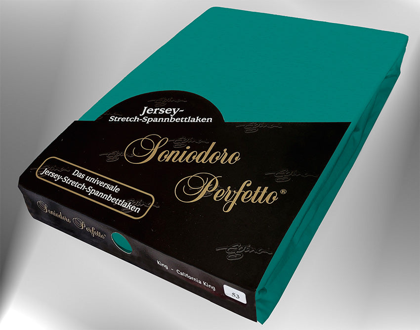 EGINO evergreen jersey knit stretch sheet (53-Evergreen) in retail packaging, dim light.