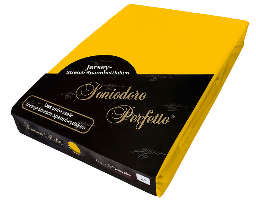 EGINO Gold jersey-knit stretch sheet in original German packaging. A 96/4 wellness essential that radiates creative energy and sunlit optimism, embodying an active, open-minded, and luxurious lifestyle.