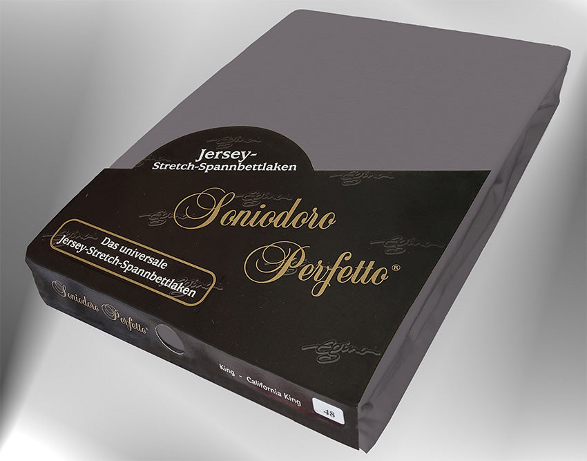 EGINO graphite jersey knit stretch sheet (48-Graphite) in retail packaging, under dim light.