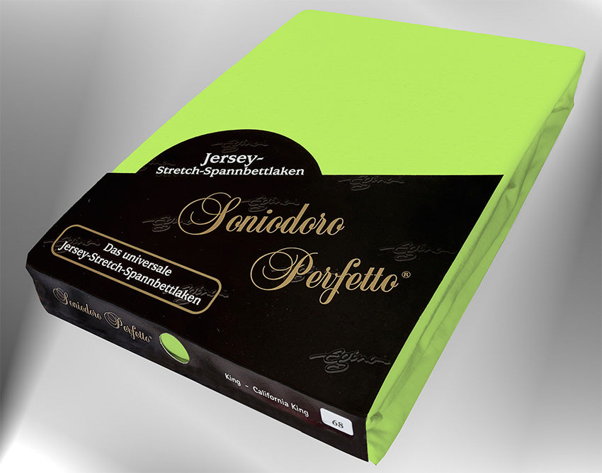 EGINO green-apple jersey knit stretch sheet (68-Green-Apple) in retail packaging, under dim light