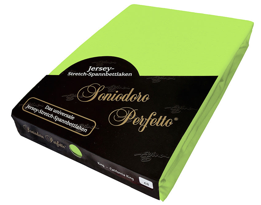 EGINO Green Apple jersey-knit stretch sheet in original German packaging. A 96/4 wellness essential that is undeniably fresh and daring; perfect for shaking off monotony with a crisp and playful bedroom zest.