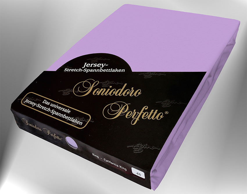 EGINO lilac jersey knit stretch sheet (46-Lilac) in retail packaging, under dim light.