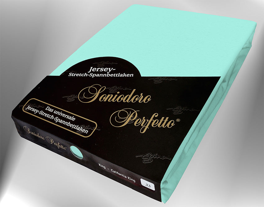 EGINO mint jersey knit stretch sheet (33-Mint) in retail packaging, under dim light.