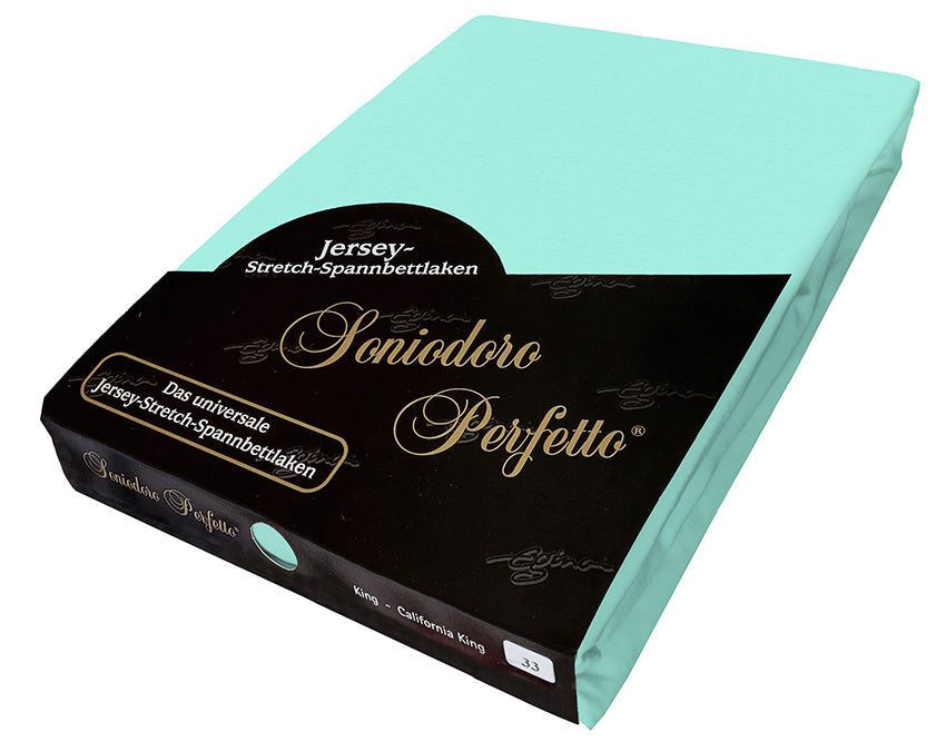 EGINO mint jersey knit stretch sheet (33-Mint) in retail packaging, on white background.