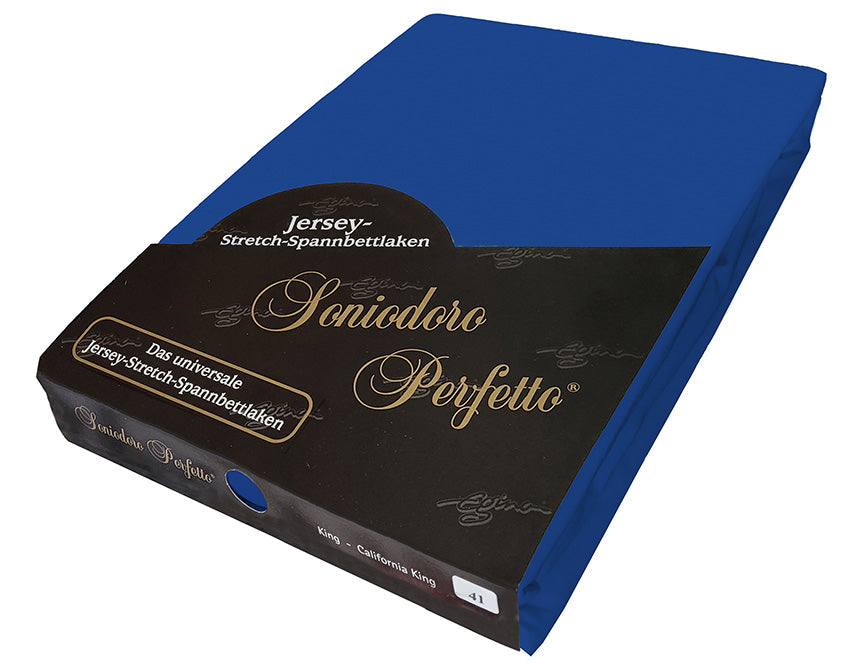 EGINO ocean-blue jersey knit stretch sheet (41-Ocean-Blue) in retail packaging, on white background.