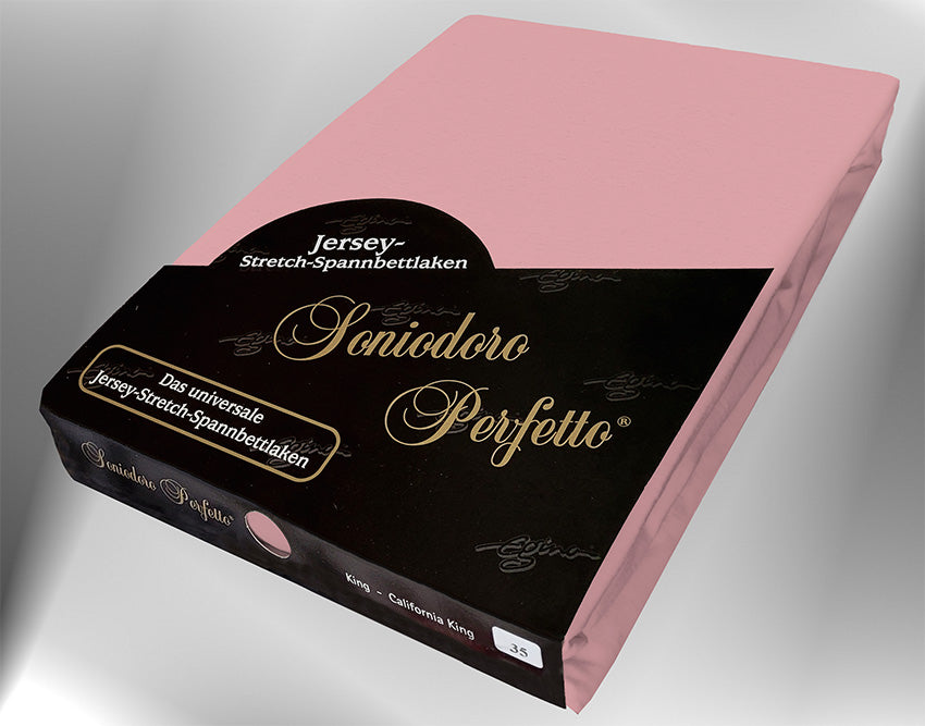 EGINO rosé jersey knit stretch sheet (34-Rosé) in retail packaging, under dim light