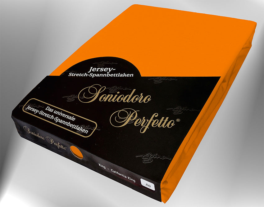 EGINO orange jersey knit stretch sheet (50-Orange) in retail packaging, under dim light