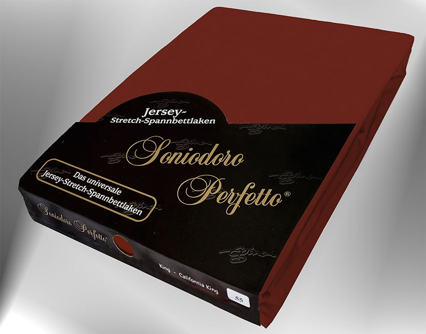 EGINO redwood jersey knit stretch sheet (55-Redwood) in retail packaging, under dim light.