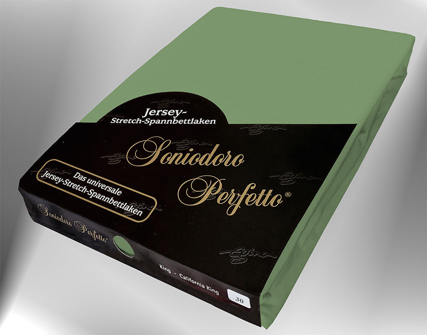 EGINO sage jersey knit stretch sheet (30-Sage) in retail packaging, under dim light
