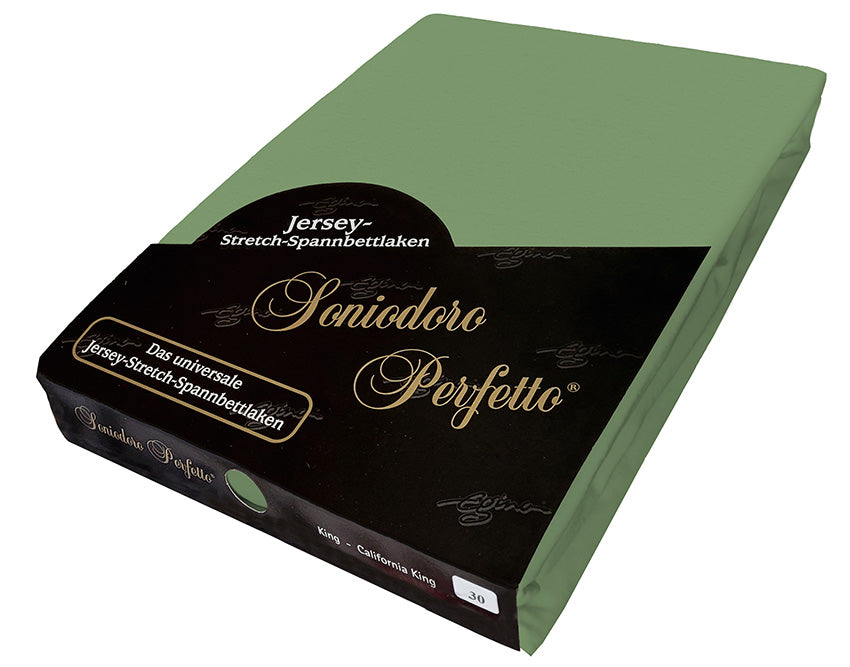 EGINO Sage-green jersey-knit stretch sheet in original German packaging. A high-performance 96/4 wellness essential that breathes calm garden freshness into your space; a friendly, authentic, and sophisticated bedroom foundation.