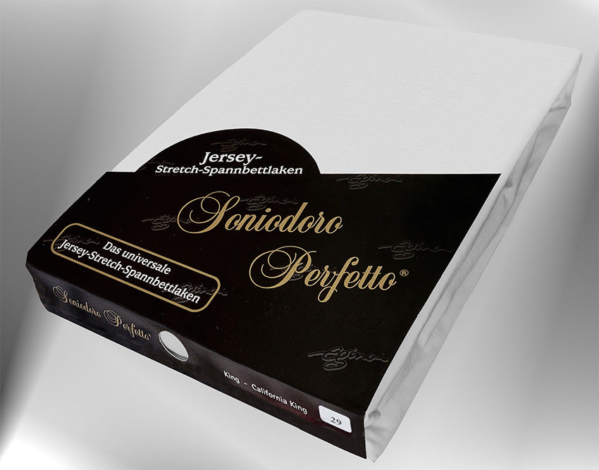 EGINO silver jersey knit stretch sheet (29-Silver) in retail packaging, under dim light