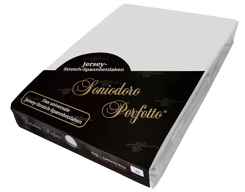 EGINO Silver jersey-knit stretch sheet in original German packaging. A high-performance 96/4 wellness essential offering a cooler, sophisticated alternative to white or cream for a modern and polished bedroom aesthetic.