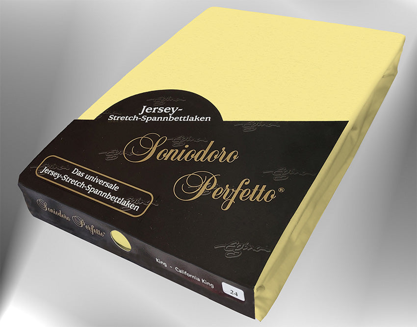 EGINO sun jersey knit stretch sheet (24-Sun) in retail packaging, under dim light.