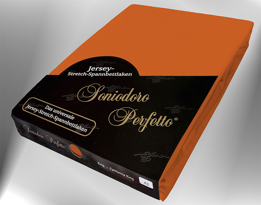 EGINO terracotta jersey knit stretch sheet (52-Terracotta) in retail packaging, under dim light
