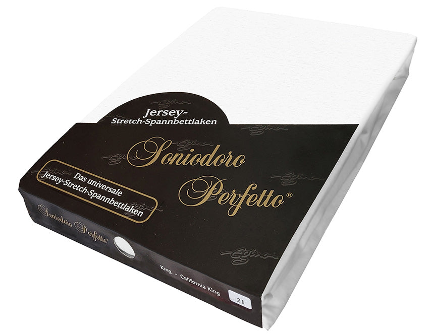 EGINO white jersey knit stretch sheet (21-White) in retail packaging, on white background.