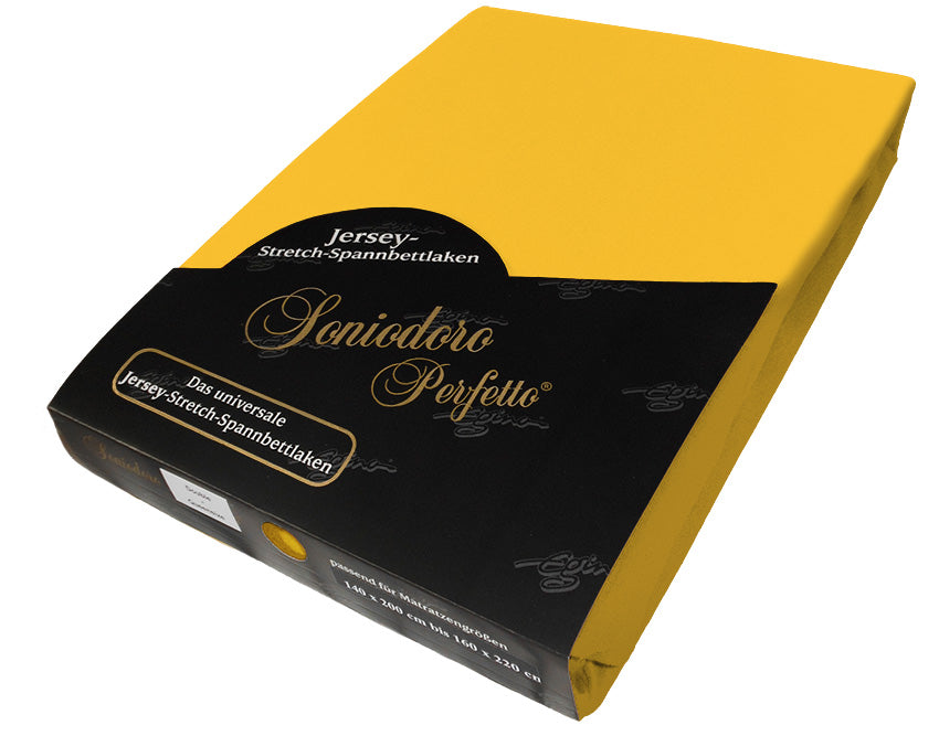 EGINO gold jersey knit stretch sheet (67-Gold) in retail packaging, on white background