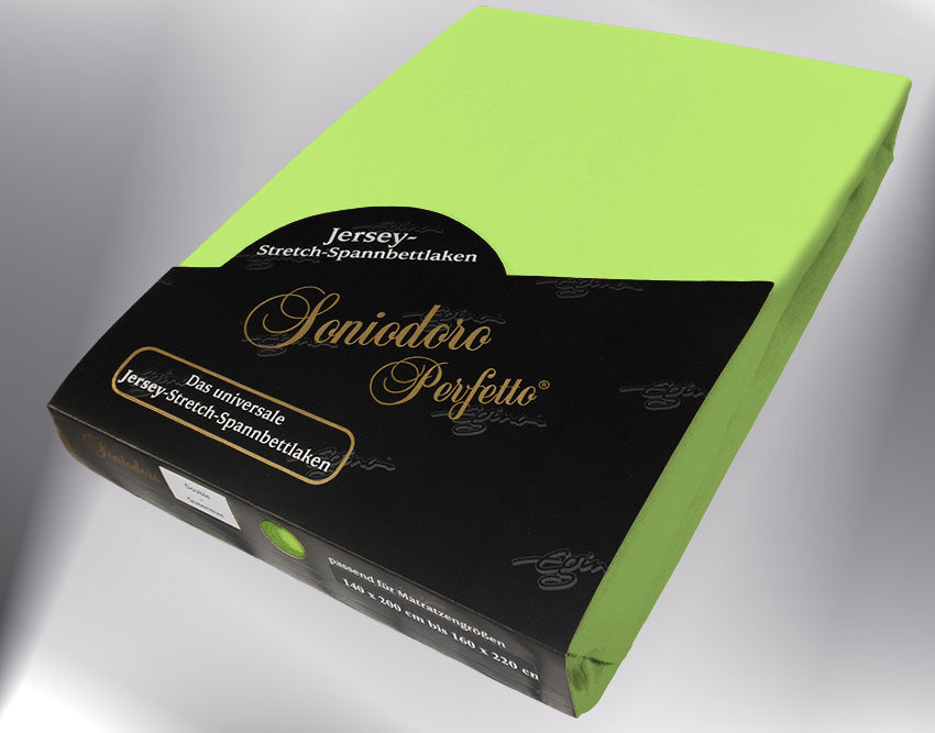 EGINO green-apple jersey knit stretch sheet (68-Green-Apple) in retail packaging, under dim light