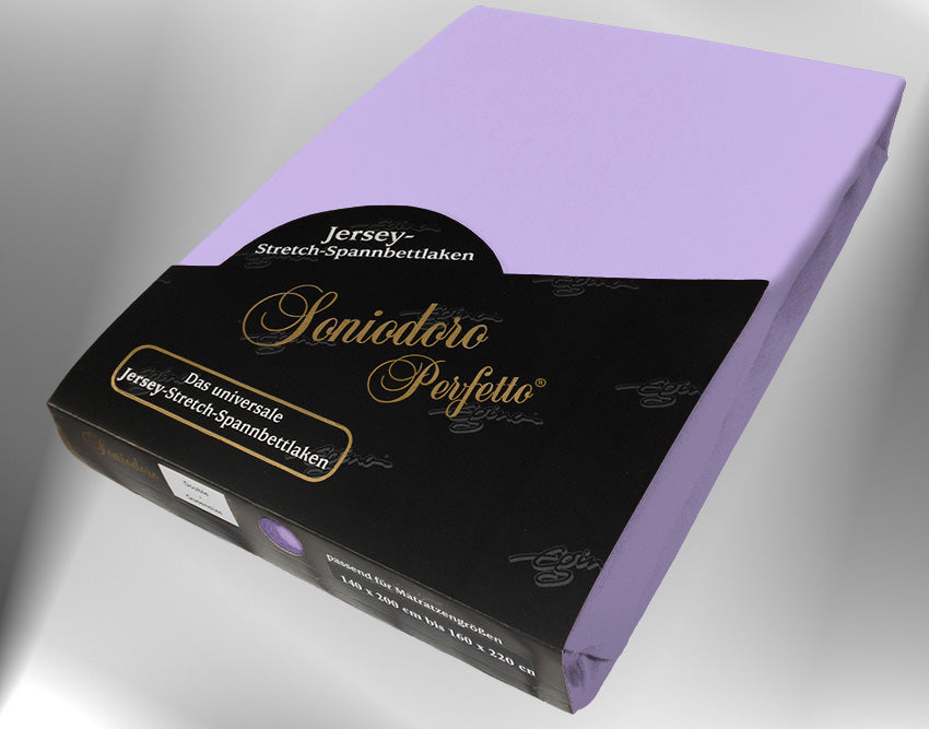 EGINO lilac jersey knit stretch sheet (46-Lilac) in retail packaging, under dim light