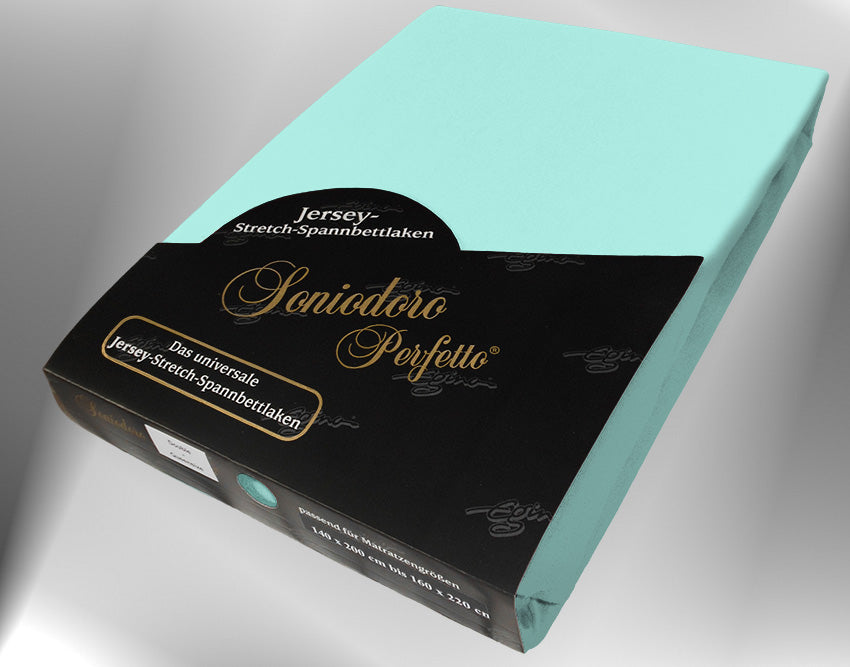 EGINO mint jersey knit stretch sheet (33-Mint) in retail packaging, under dim light