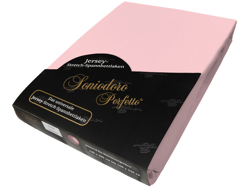 EGINO rosé jersey knit stretch sheet (34-Rosé) in retail packaging, on white background