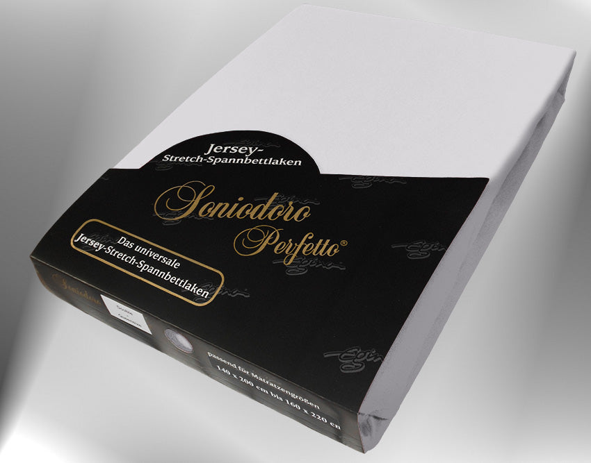 EGINO silver jersey knit stretch sheet (29-Silver) in retail packaging, under dim light