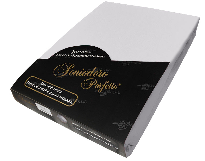 EGINO silver jersey knit stretch sheet (29-Silver) in retail packaging, on white background