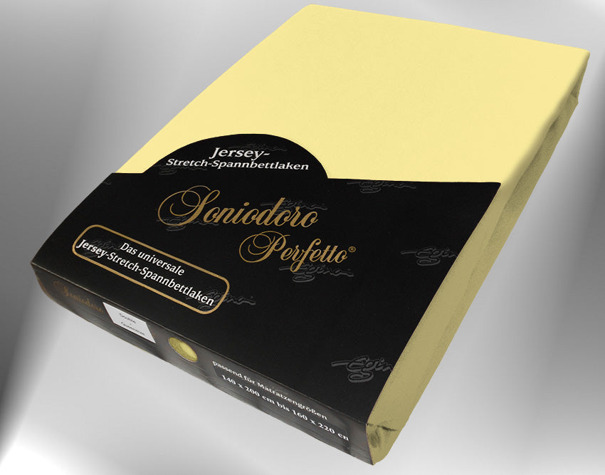 EGINO sun jersey knit stretch sheet (24-Sun) in retail packaging, under dim light