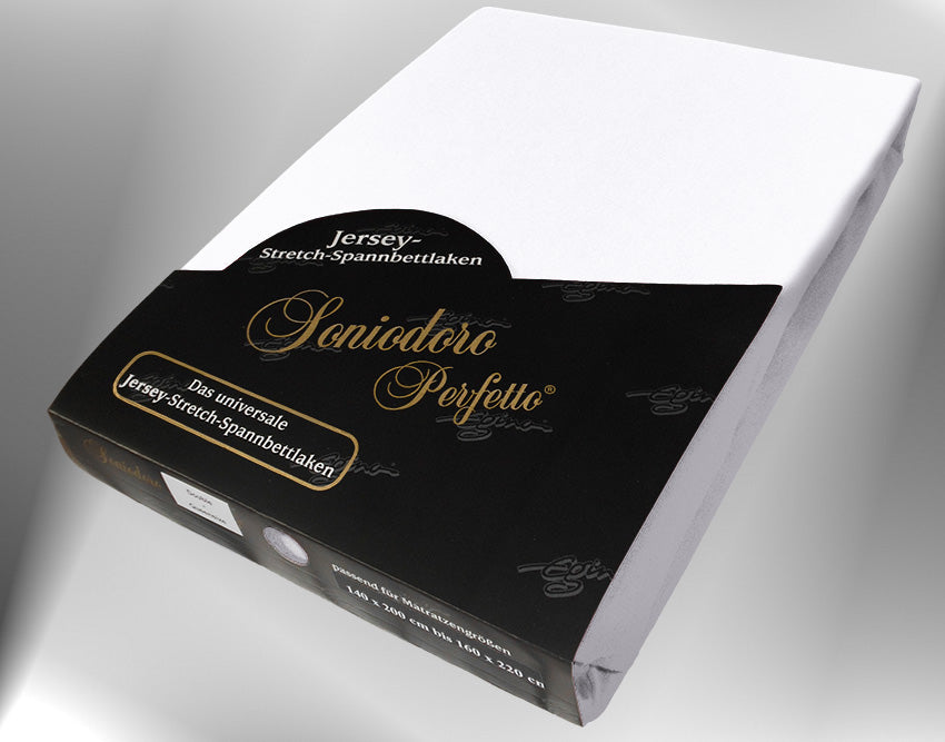 EGINO white jersey knit stretch sheet (21-White) in retail packaging, under dim light