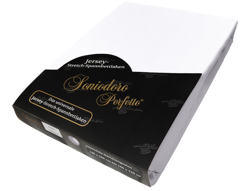 EGINO white jersey knit stretch sheet (21-White) in retail packaging, on white background