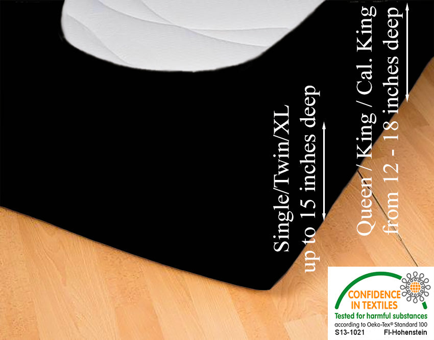 Fitted jersey knit stretch sheet in color 43-black, underside showing characteristic oval bottom-hugging mattress, deep pocket up to 18 in, OEKO-TEX certified – Egino.