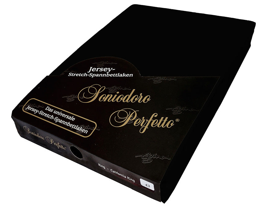 EGINO Black jersey stretch sheet in original German packaging. A 96/4 ergonomic sleep essential that is elegant and simple yet dominant, lending an aura of authority and sophistication to your bedroom foundation.