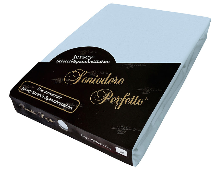 EGINO Bleu jersey-knit stretch sheet in original German packaging. A high-performance 96/4 wellness essential in a clear, crisp, and airy light blue that offers an uplifting and sophisticated bedroom foundation.