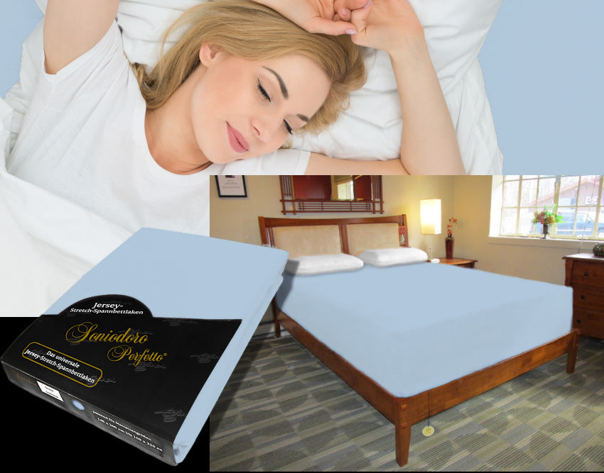 Collage: deep mattress dressed in bleu jersey stretch sheet, sleeping person, retail packaging — color 39-bleu.