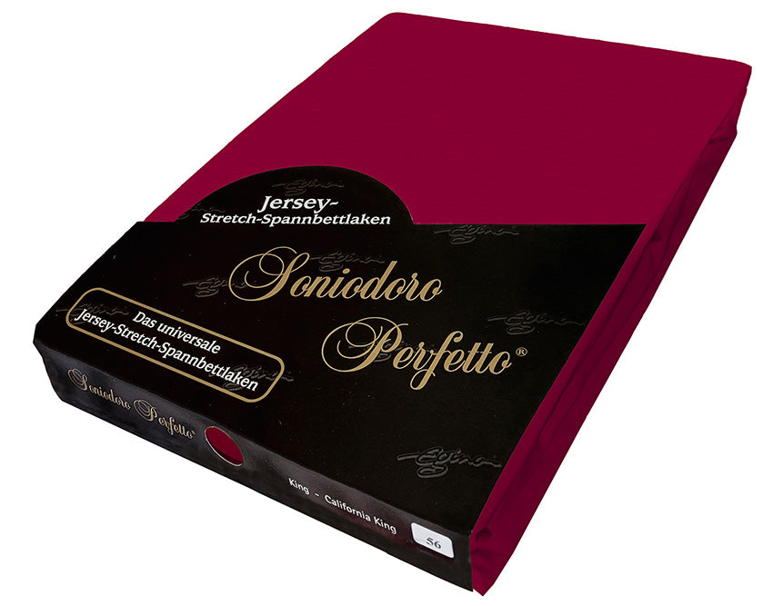 EGINO Bordeaux jersey-knit stretch sheet in original German packaging. A 96/4 wellness essential in a dark red wine shade that reflects the breathtaking foliage and sunsets of fall—a dignified, sophisticated bedroom foundation.