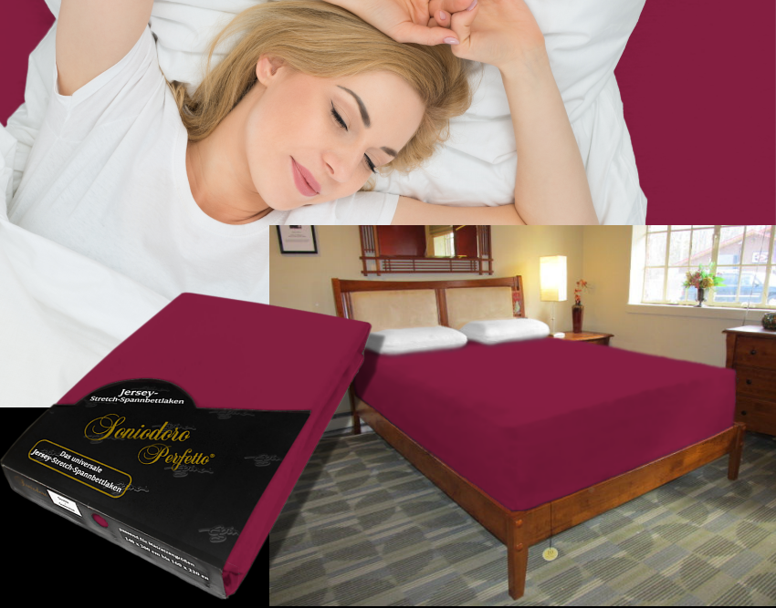 Collage: deep mattress dressed in bordeaux jersey stretch sheet, sleeping person, retail packaging — color 56-bordeaux.