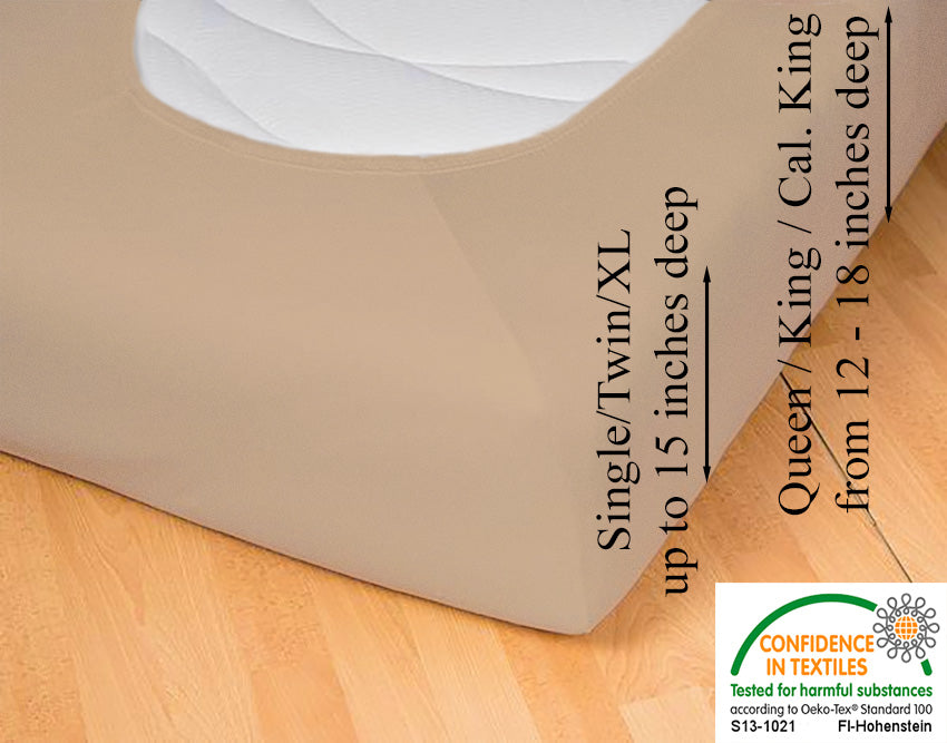 Fitted jersey knit stretch sheet in color 25-chocolate-milk, underside showing characteristic oval bottom-hugging mattress, deep pocket up to 18 in, OEKO-TEX certified – EGINO.