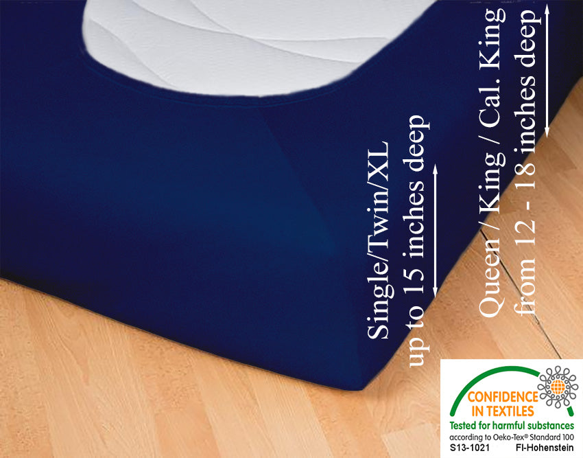 Fitted jersey knit stretch sheet in color 44-dark-navy, underside showing characteristic oval bottom, hugging mattress, deep pocket up to 18 inches deep, OEKO-TEX certified – Egino.