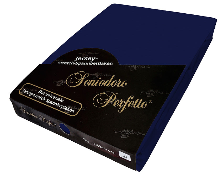 EGINO Dark Navy jersey-knit stretch sheet in original German packaging. A 96/4 wellness essential in a deep-shaded blue that conveys quiet depth and refined ease. Reactive colorants ensure this sophisticated tone remains fade-resistant.