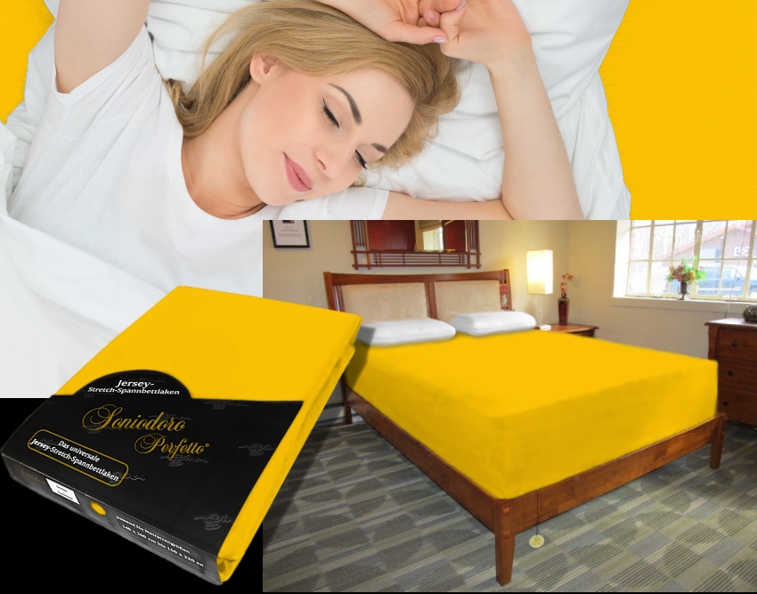 Collage: deep mattress dressed in golden jersey stretch sheet, sleeping person, retail packaging — color 67-gold.